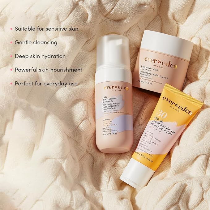 Evereden Daily 1-2-3 Routine Bundle: Clean & Vegan Skin Care Set for Kids - Hydrating & Nourishing Tween Skincare Set with Multi-Vitamin Face Wash, Face Cream, Lotion, & SPF 30 Mineral Sunscreen