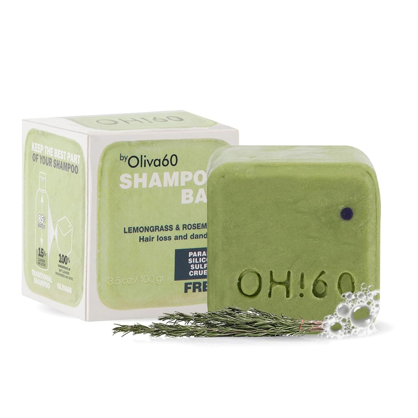 Shampoo Bar Lemongrass Rosemary - Olive, Argan, Macadamia Oil | Sulfate & Paraben Free | Organic Natural Hair Care | 3.5 oz | Shampoo for Oily Hair | No Plastic Waste | OLIVA 60