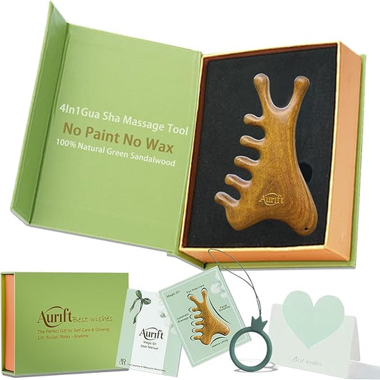 Gua Sha Tool for Face & Body – 4 in 1 Natural Green Sandalwood,Lymphatic Drainage,Jaw Lifting & Nose Sculpting, Head Massage Comb for Stress Relief,Home Office Self Care,Gifts for Mom Girl Friend