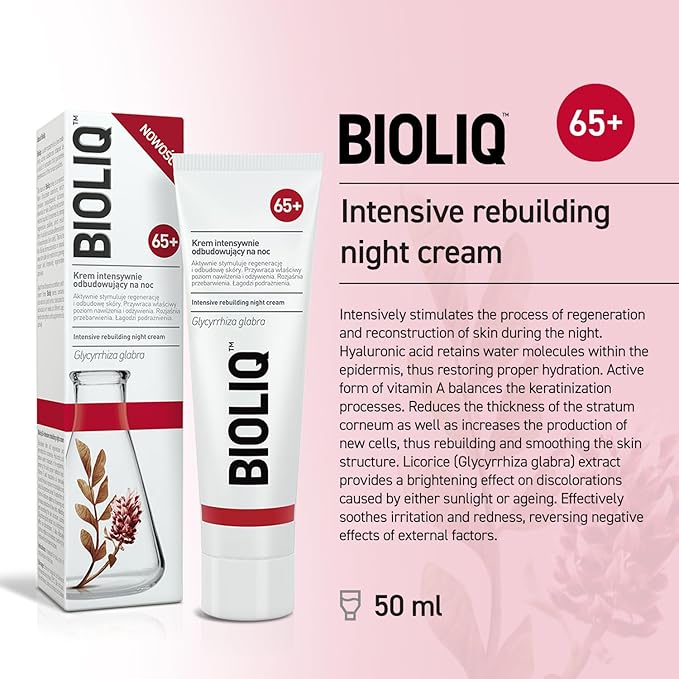 65+ Intensive Rebuilding Night Cream - Hyaluronic Acid, Vitamin A, Licorice Extract for Regeneration, Hydration, and Discoloration - 50 ml