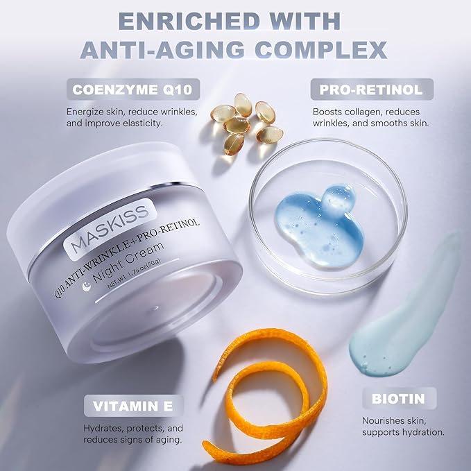 Q10 Anti-Wrinkle Night Cream + Pro-Retinol, Unscented Anti-Aging Face Moisturizer for Sensitive Skin, Firming Face and Neck Cream, 1.76 Oz Jar