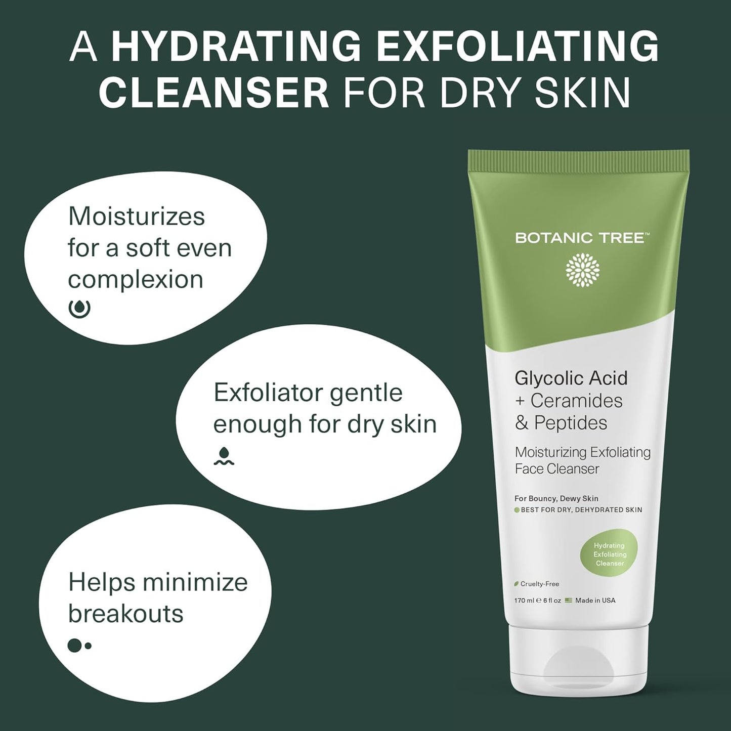 Botanic Tree Hydrating Glycolic Acid Cleanser - Exfoliating Face Wash - Face Cleanser for Women - Also with Ceramides & Peptides, Gently - for Dewy Bouncy Skin - 6oz