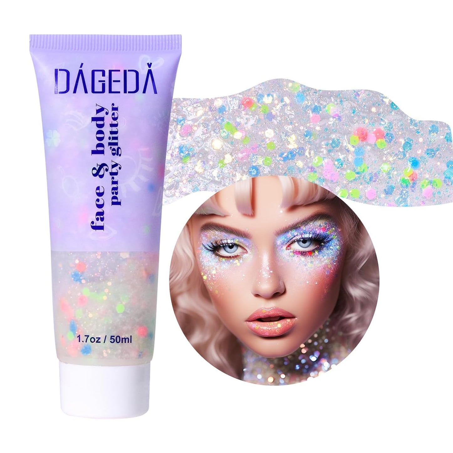 DAGEDA Rainbow Body Glitter Gel, Face Glitter for Pride Day Makeup Sequins Shimmer Eyeshadow, Chunky Glitter for Face Hair, Holographic Cosmetic Laser Powder Festival Glitter Makeup1.7oz (Candy Color)
