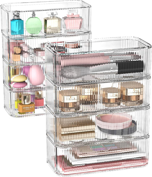 8-Pack Clear Stackable Storage Drawers with 16 Non-Slip Silicone Feet, Multi-Purpose Cosmetic & Home Organizers for Vanity, Office, Bathroom, Pantry, Easy-Pull Transparent Acrylic Storage Bins
