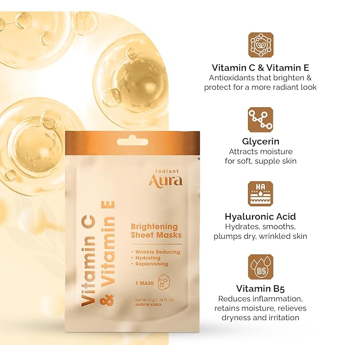 Face Sheet Mask with Vitamin C & E - Dermatologist Tested Korean Beauty Mask for Brightening & Deep Hydration -Premium Facial Treatment for Glowing & Rejuvenated Skin -15 Pack