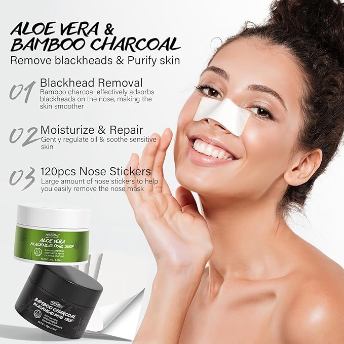 Blackhead Pore Strip 2pcs Aloe Vera Blackhead Remover Strip Bamboo Charcoal Nose Pore Strips Deep Cleaning Whitehead Strawberry Noses Blackhead Remover Face Mask Shrink Pores With 120pcs Paper