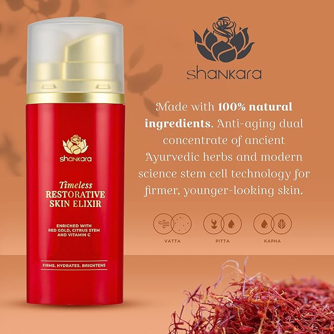 Shankara Timeless Restorative Skin Elixir - 2-in-1 Ayurvedic Anti Aging Facial Serum and Kumkumadi Face Oil with Pure Red Gold Saffron, Vitamin C, & Sandalwood - Ayurveda-Inspired Skincare