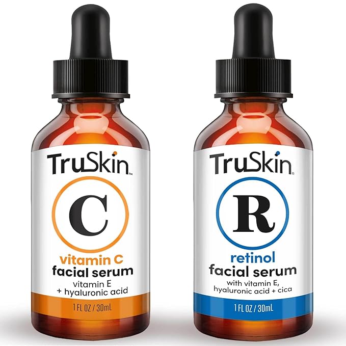 TruSkin Face Serum Duo – Vitamin C Serum & Retinol Serum for Face – AM & PM Anti Aging Skincare Routine – Brightening & Smoothing Facial Serums, 1 fl oz Each