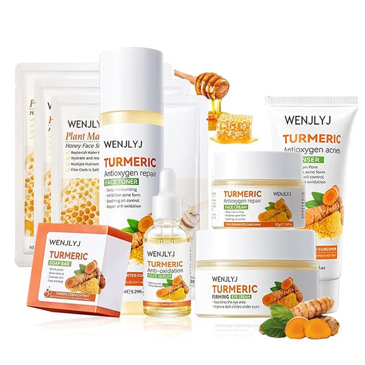 Turmeric Soap Skincare Set with Honey Face Sheets Mask,Hydrating Travel Size Turmeric Face Wash,Moisturizing Face Toner & Face Serum & Face Cream,Eye Cream Skin Care Gift Set for Women（9PCS)