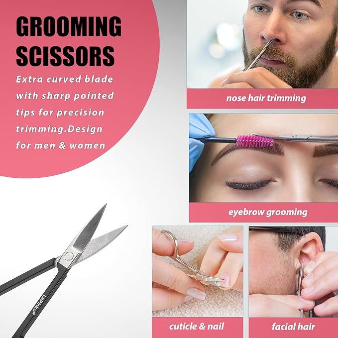 Eyebrow Trimmer Kit, 7 in 1 Eyebrow Scissors, Tweezer, Razor, Gromming Scissors Brush for Women Men, Gifts for Stocking Stuffers - Black