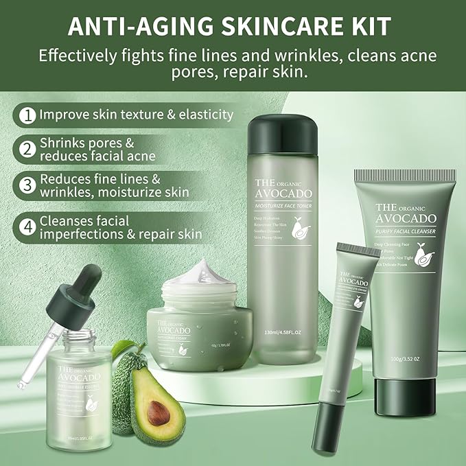Avocado Skin Care Set, 9-In-1 Travel Skincare Kits for Hydrating & Soothing Skin, Daily Care Routine Kit with Avocado, Anti Aging Facial Kit for Women, Reduces Acne, Fine Lines & Wrinkles.