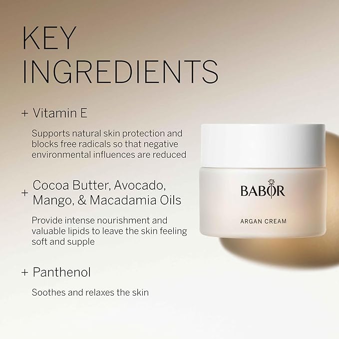 BABOR Argan Cream, Rich Moisturizer for Dry Skin, Infused with Lipids to Deeply Nourish, Enriched with Cocoa Butter to Provide Intense Hydration, Leaving Skin Soft & Supple, 1.7 oz