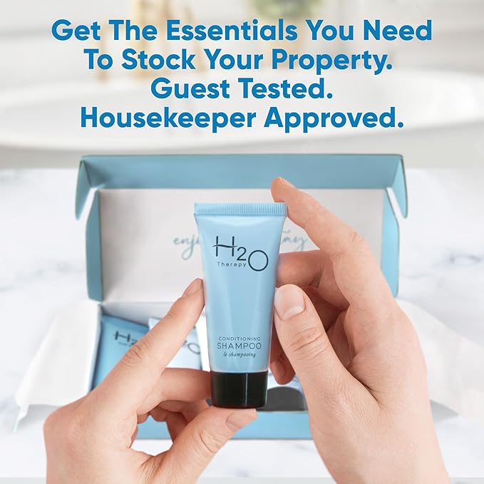 H2O Therapy Amenity Kit | Hotel Bulk Toiletries | 0.85 oz Shampoo, Conditioner, Lotion, Body Wash, Body Bar Soap for Guest Hospitality Vacation Rentals | 15 Sets/Case
