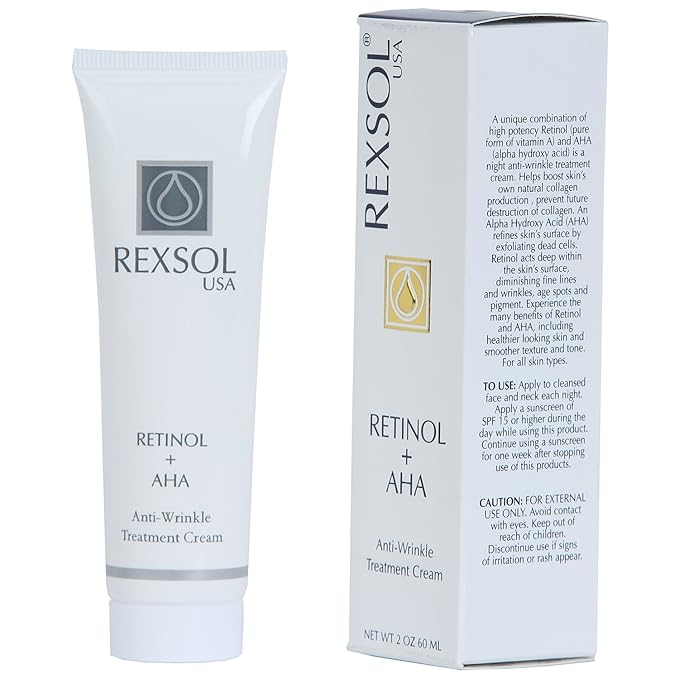 REXSOL Retinol + AHA Anti-wrinkle Treatment Cream | With pure Vitamin A and Vitamin E | Beeswax | Effectively diminishing fine lines & wrinkles, age spots & pigment.(60 ml / 2 fl oz)