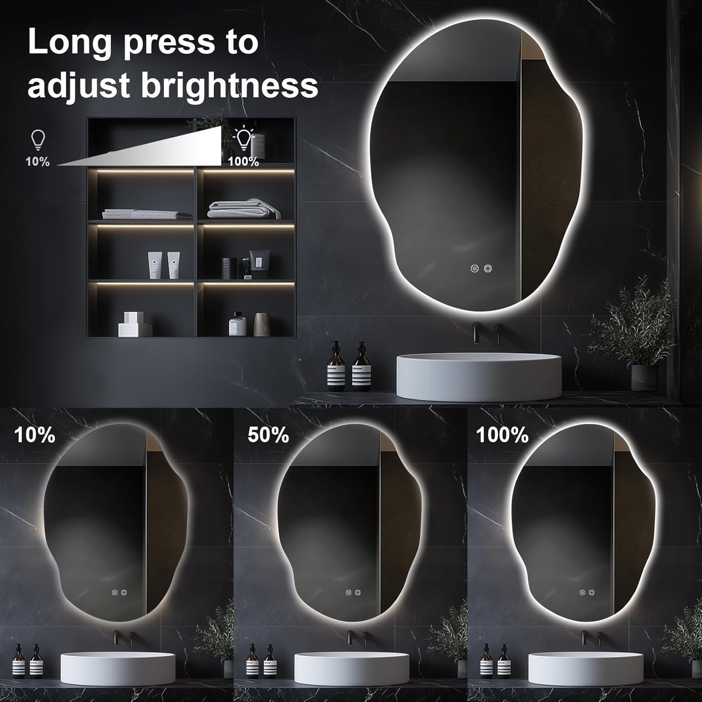 Asymmetrical LED Bathroom Mirror with Lights,Irregular Led Bathroom Vanity Mirror for Wall with Front and Backlit, Anti Fog, 3 Colors and Dimmable Light,[Horizontal/Vertical] 40" H x 30" W