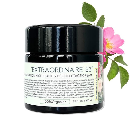 ORGANIC28+. 100% Organic Face Cream – USA Made. 53 Botanicals. 2 X Size. Revitalization Night Moisturizer Face & Décolletage. Vegan Face Cream. Rejuvenating + Aromatherapy Bulgarian Rose +.3.9 FL. Oz