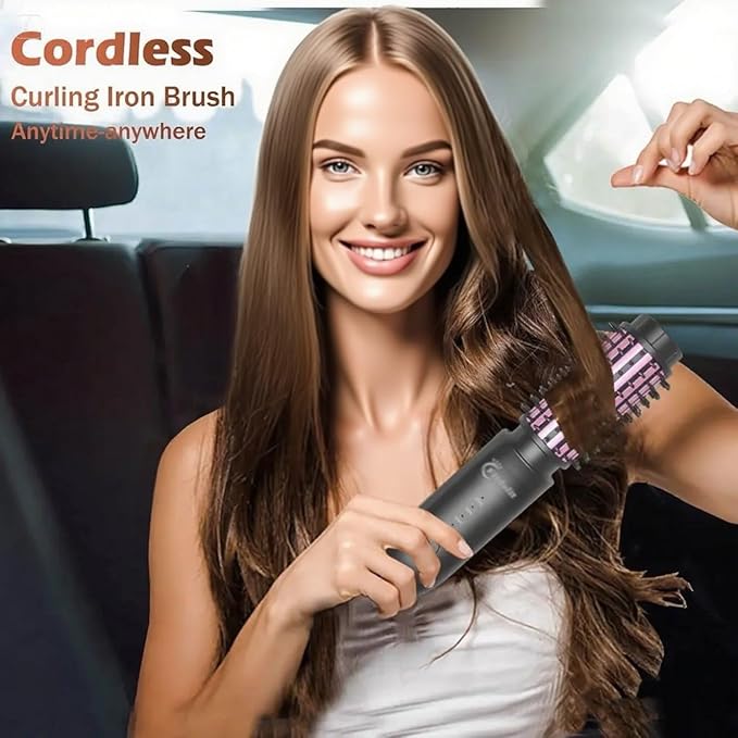 Cordless Hair Curling Iron Brush, 1.5" Mini Cordless Hair Curler, 3-in-1 Travel Curling Brush Hair Straightener Comb Rechargeable, 410℉ Heated Ionic Curling Tool for All Styles, Black