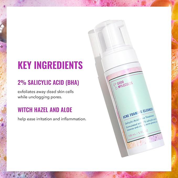 Good Molecules Acne Foaming Cleanser - 2% Salicylic Acid Foam Cleanser - Gentle Acne Face Wash with Alcohol Free Witch Hazel and Aloe - Skin Care for Face