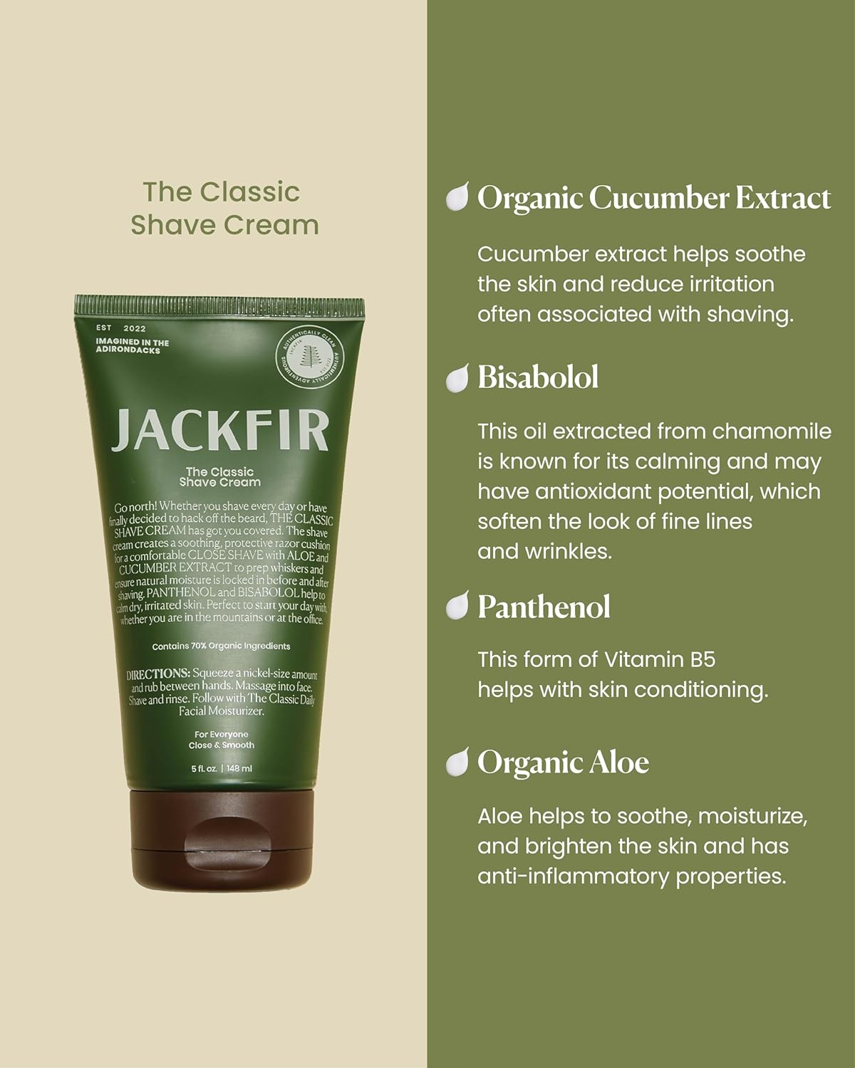 The Classic Shave Cream, Smooth Natural Shaving Cream for Men, Hydrating Aloe & Cucumber Extract - Helps Calm Dry Irritated Skin, EWG Verified, Organic Ingredients, For All Skin Types, 5 Fl Oz