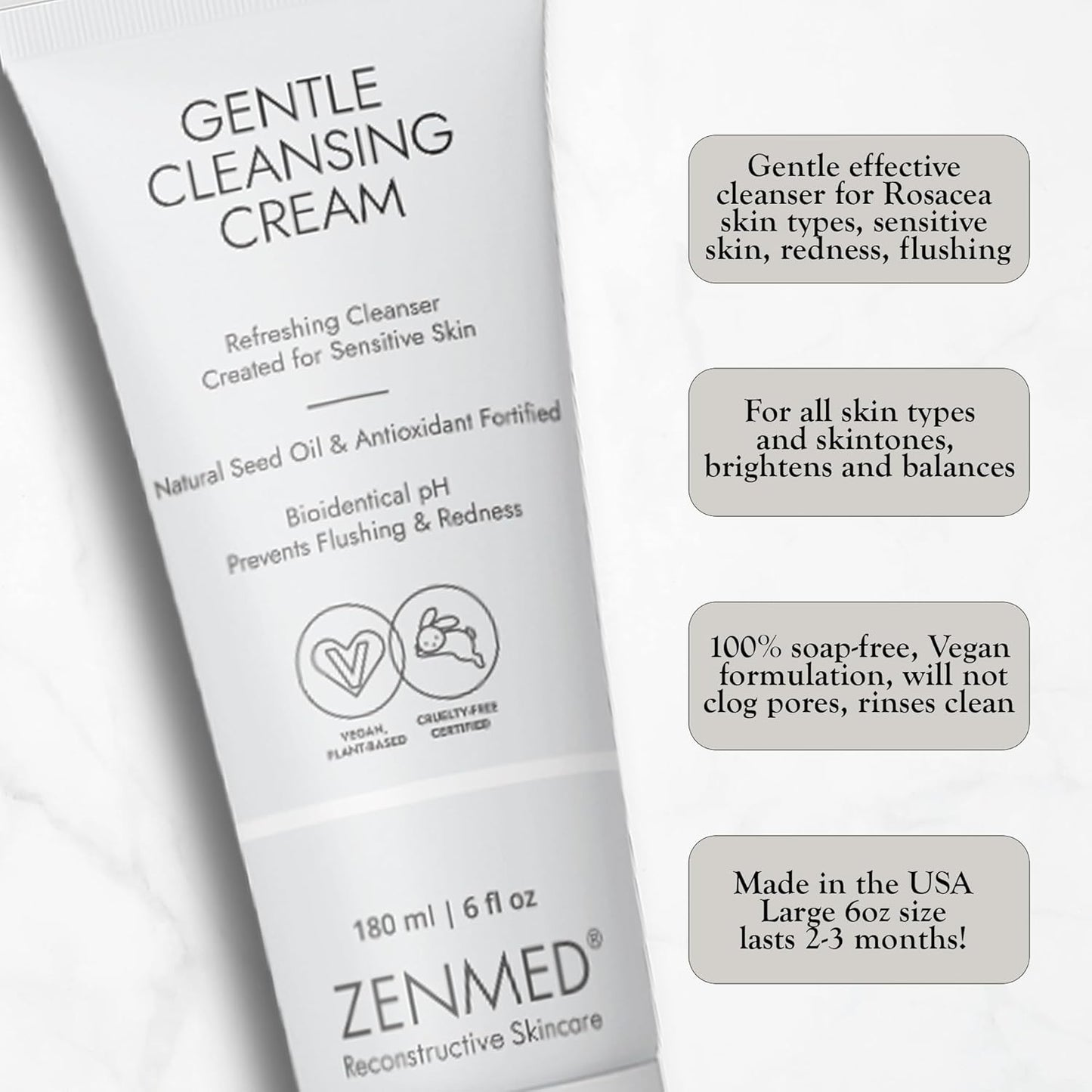 ZENMED Gentle Cleansing Cream - 6 oz. 100% Vegetarian Natural See Oil & Antioxidant Fortified Help Control Redness & Flushing pH 6.0 Soap-Free Will Not Over-Dry