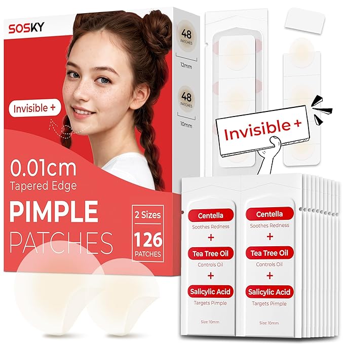 SOSKY Pimple Patches for Face, 0.01 Invisible+ Hydrocolloid Acne Patches, Zit Sticker for Face and Skin, Pimple Patches for Covering Zits, Blemishes with Salicylic Acid 126 Count