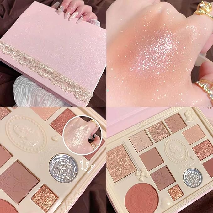 Lace 12 Color Eyeshadow Palette, Blendable Shimmer and Matte Nudes Shades, All In One Makeup Blush Highlighter, Pink