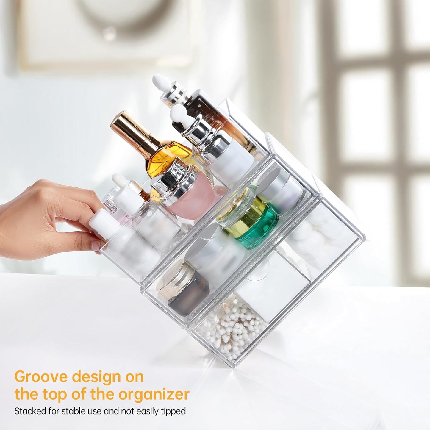 Medicine Cabinet Organizer 3 Pack, Plastic Stackable Storage with 2 Drawers, Bathroom Mirror Cabinet Organizer with Removable Dividers for Wall Cabinet, Vanity, Countertop, Clear