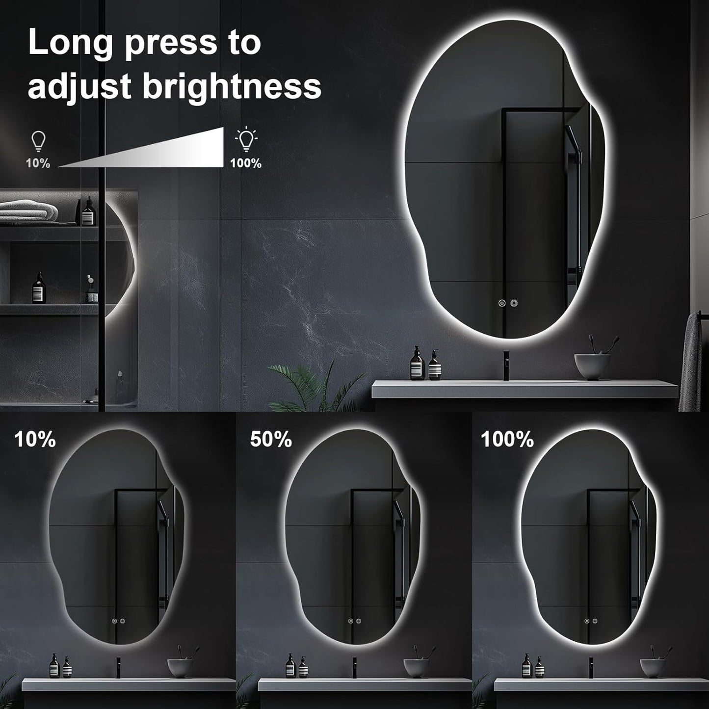 Asymmetrical LED Bathroom Mirror with Lights,Irregular Led Bathroom Vanity Mirror for Wall with Front and Backlit, Anti Fog, 3 Colors and Dimmable Light,[Horizontal/Vertical] 48" H x 30" W