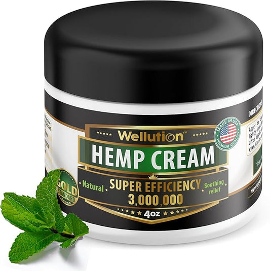WELLUTION Hemp Cream - 3,000,000 - Maximum Strength - Natural Hemp Oil, Menthol & Arnica - 4oz | Quick Relief, Non-Greasy Formula for Muscles & Joints - Made in USA