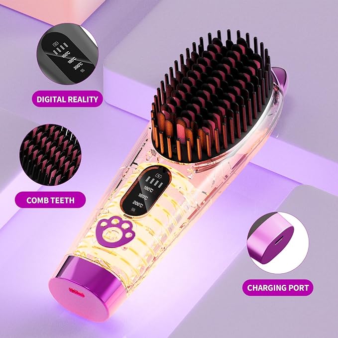 Cordless Hair Straightener,Portable Hair Straightening Brush for Travel, Mini Hot Straightening Comb for Women,Anti-Scald, LED Display & Fast Heating