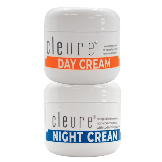 Cleure Hyaluronic Acid & Shea Butter Anti-Aging Night Cream/Day Cream Skincare Set for Sensitive Skin, Gluten, Salicylate, Paraben & Fragrance Free