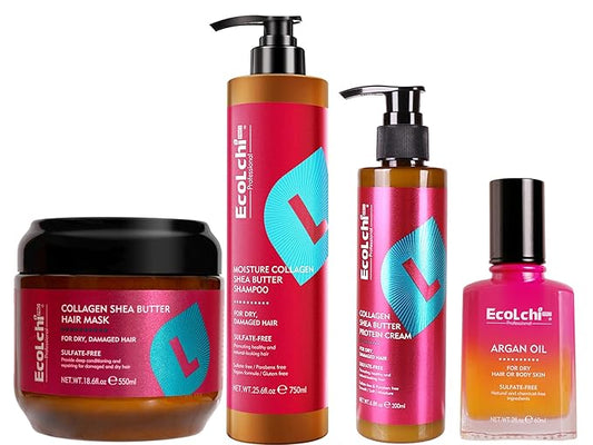 Ecolchi Hair Mask Shampoo Leaving-in Conditioner Argan Oil Set Collagen Hair Treatment Deep Repair Conditioning for Dry Damaged Hair All Hair Types 550+750+200+60ml