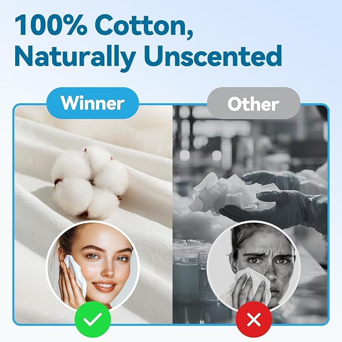 Winner Cotton Face Towels, 100% USDA Biobased Facial Towelettes, Disposable Face Towel XL, Odor-Free, Ultra Soft Makeup Remover Wipes for Sensitive Skin, Biodegradable, 100 Ct, 1 Pack