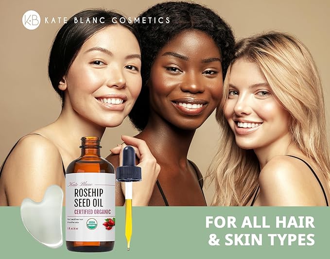 Kate Blanc Cosmetics Rosehip Oil for Face with Stainless Gua Sha (1oz, Organic, Pure, Cold Pressed) Rosehip Seed Face Oil for Gua Sha Massage