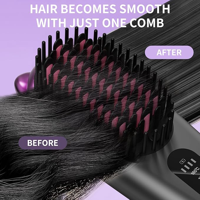 Cordless Hair Straightener,Portable Hair Straightening Brush for Travel, Mini Hot Straightening Comb for Women,Anti-Scald, LED Display & Fast Heating
