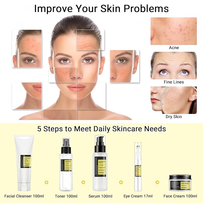 Snail Mucin Skin Care Routine Set For Women, 5 PCS Advanced Snail Mucin Facial Kit For Girls, Skin Care Gift Set With Face Cleanser, Toner, Serum, Face Cream, Eye Cream, Repairing, Anti Aging.