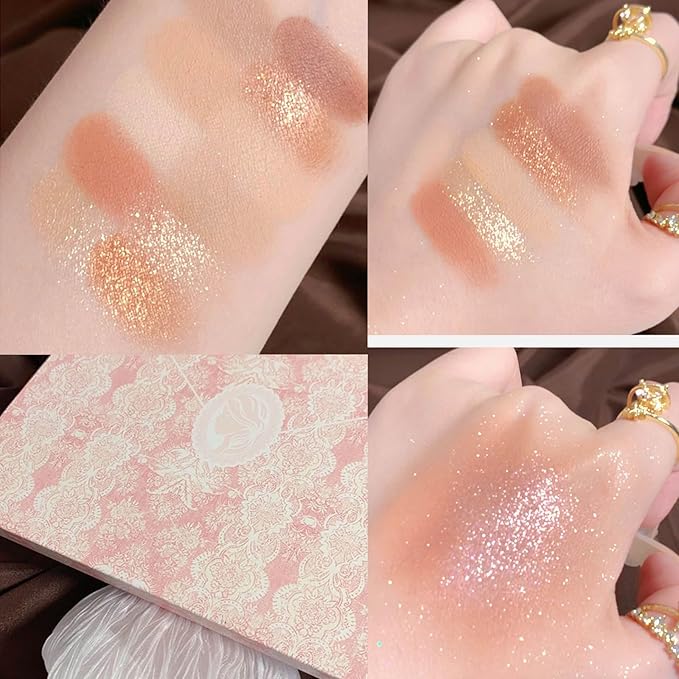 Lace 12 Color Eyeshadow Palette, Blendable Shimmer and Matte Nudes Shades, All In One Makeup Blush Highlighter, Pink