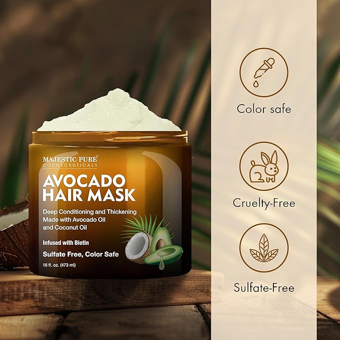 Majestic Pure Avocado and Coconut Hair Mask for Dry Damaged Hair - Infused with Biotin - Deep Conditioning, Hair Thickening, for Healthy Hydrated Hair, Sulfate Free, 16 fl oz