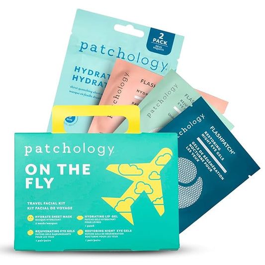 Patchology On The Fly Travel Facial Kit – Travel-Friendly Hydrating Skincare Essentials for Face, Eyes and Lips – Includes 2 Pair Under Eye Patches, 2 Hydrate Sheet Mask for Refreshed Skin,1 Lip Mask