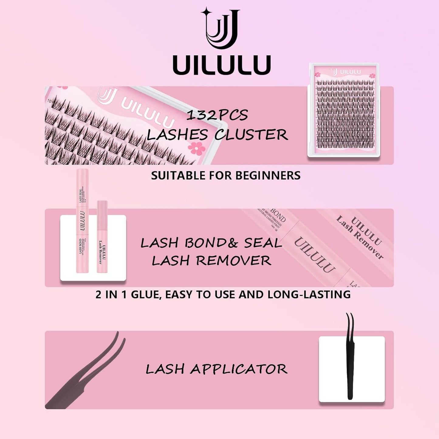 Lash Clusters kit 10-18mm DIY Lash Extension Kit 132 D Curl Lash Clusters 0.07D Wispy Individual Lashes Clusters False Eyelashes Natural Eye Lash Kits Extensions Kit U09 Kit