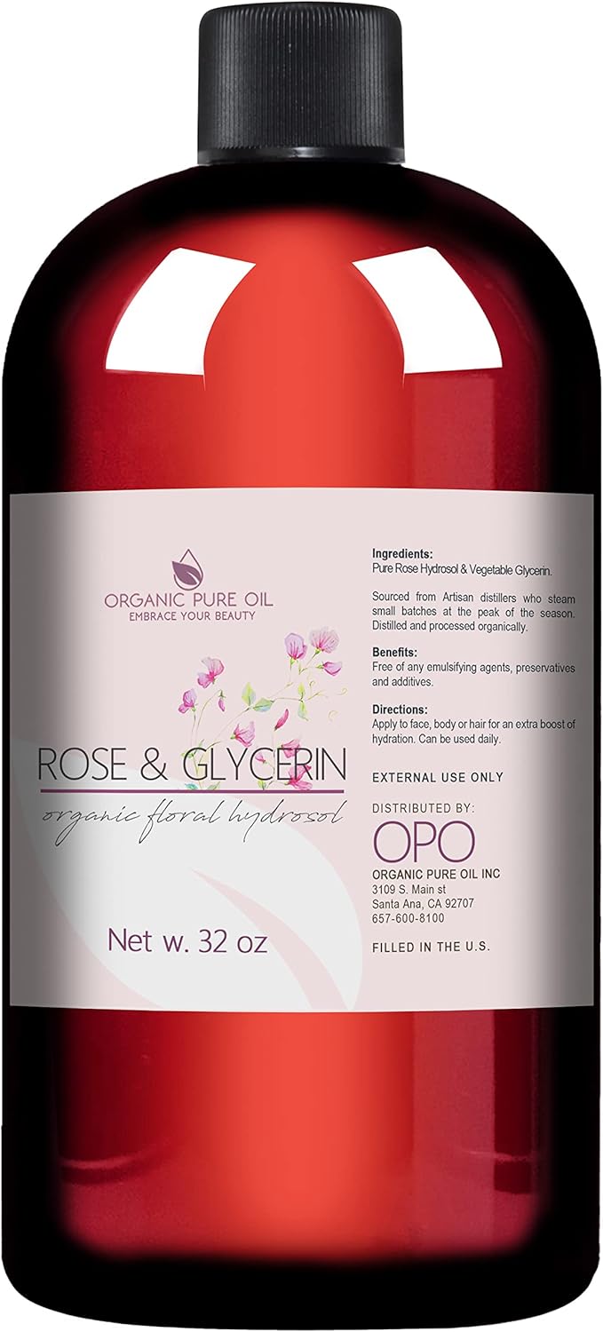 Rosewater Glycerin Mist Toner Bulk Spray Facial Body Floral Cleanser Pure Rose Hydrosol Vegetable Glycerine Moisturizing Cleansing Toning Mix Face Skin Hair Body - Packaging May Vary (32 Ounces)