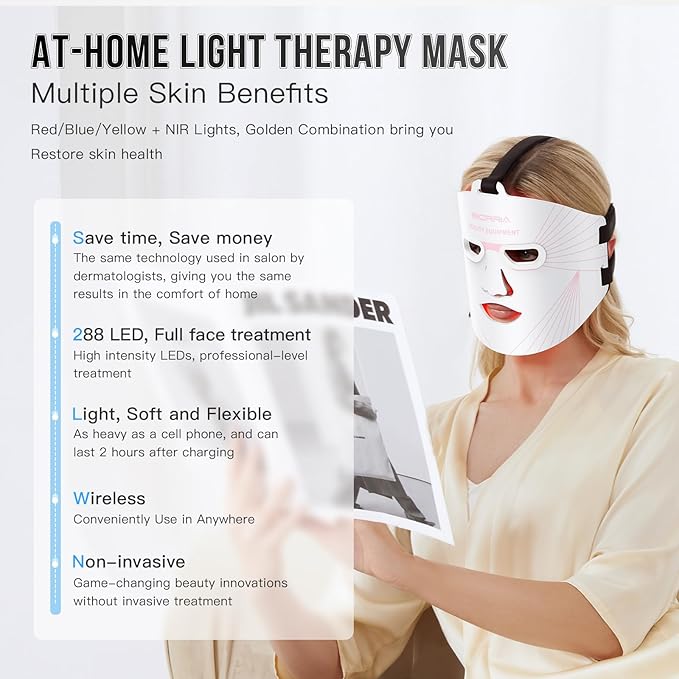 Led Face Mask Light Therapy, Red Light Therapy For Face, 3 Colors LED Skin Mask With Near infrared light, Skincare Device for All Skin Types at Home (White)