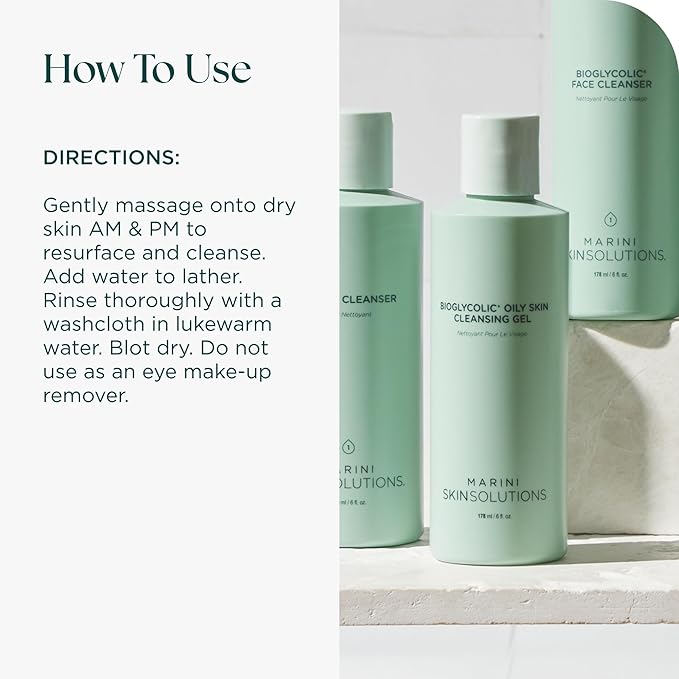 Marini SkinSolutions Bioglycolic Oily Skin Cleansing Gel - Glycolic Acid Face Cleanser for Extremely Oily/Problem-Prone Skin - Cruelty Free - Made in the USA - 6 fl oz