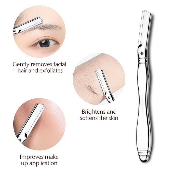 Eyebrow Razor, Dermaplaning Tool for Face, Face Razors for Women, Dermaplane Razor, Hair Removal and Exfoliation, Facial Razor, Face Shaver for Women&Men, 6 Blade Refills with Blade Cover (Silver)