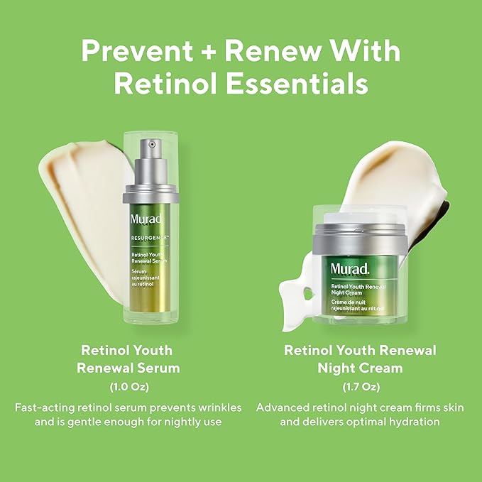 Murad Prevent + Renew w/Retinol - 2-Piece Full Sized Set ($181 Value) - Retinol Night Regimen for Wrinkles - Retinol Serum 1.0Fl Oz, Retinol Night Cream 1.7Fl Oz