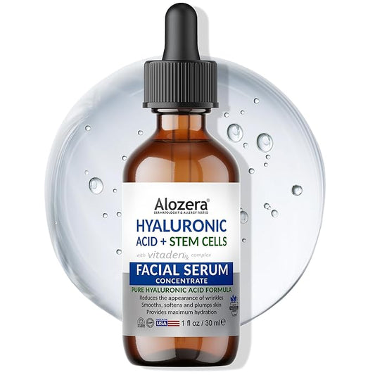 Alozera Pure Hyaluronic Acid Serum with Stem Cells for Face & Neck, Deep Hydration Facial Moisturizer for Plumper & Smoother Skin, Concentrated Anti-Aging Serum, Day & Night
