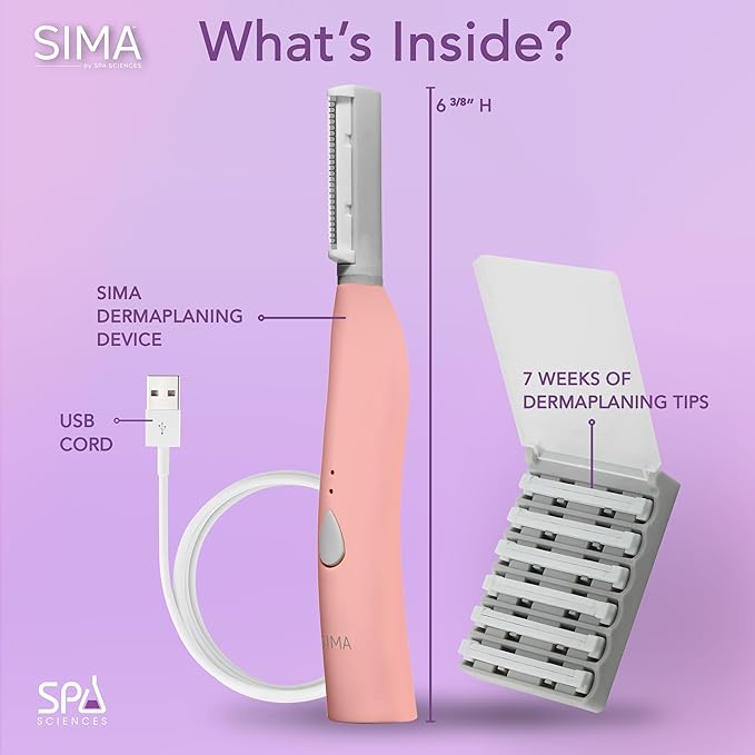SPA SCIENCES - SIMA Patented Dermaplane Razor for Women Face – Painless 2-in-1 Facial Exfoliation & Peach Fuzz Hair Removal – Anti-Aging – 3 Speeds – Rechargeable – 7 Weeks Treatment