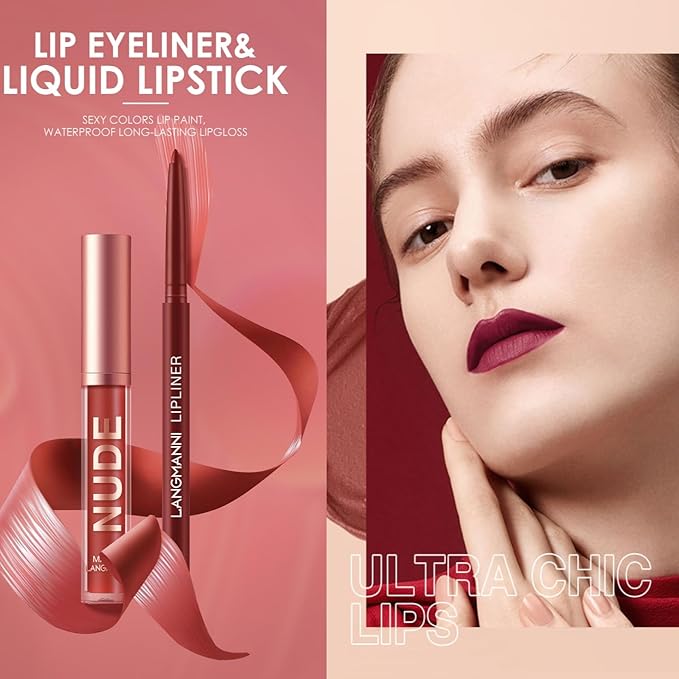 LANGMANNI 4pcs Matte Lipstick with Lipliners Durable Makeup Set,Long-Lasting Non-Stick Cup Not Fade Waterproof Pigmented Velvet Lipgloss Kit Beauty Cosmetics Makeup Gift for Girls(#1+3+5+7)
