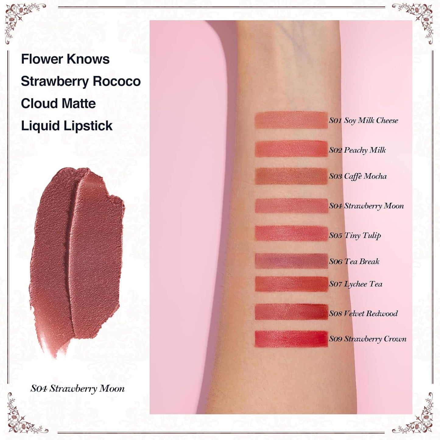 Flower Knows Strawberry Rococo Cloud Lip Cream,Velvety Matte Liquid Lipstick,Pink Lipstick,Long Lasting Lip Stain,Kiss-proof Blurred Lipstick for Girls&Women,0.12 Fl Oz(S04 Strawberry Moon)