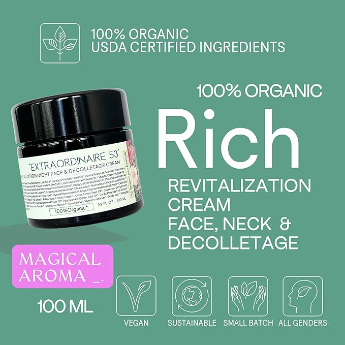 ORGANIC28+. 100% Organic Face Cream – USA Made. 53 Botanicals. 2 X Size. Revitalization Night Moisturizer Face & Décolletage. Vegan Face Cream. Rejuvenating + Aromatherapy Bulgarian Rose +.3.9 FL. Oz